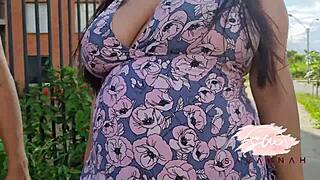 Pregnant woman awaits her man on stairs; passion follows
