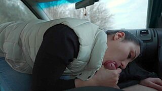 beauty gives me a deepthroat blowjob in her car while riding. it's so sexy outdoors.