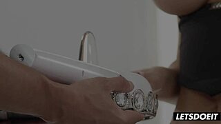 Romanian model Ema Karter moans during missionary fuck with pierced nipples and silicone tits, kissing her big dick boyfriend Tommy Cabrio in full scene.