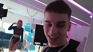 backstage, newbie mila ray experiences her first porn session with a monster cock, including ball licking and face fucking