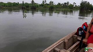 Passionate sex across the river with big cock and natural tits