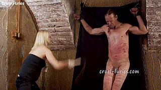 young debtor shows collector real squirt in garden