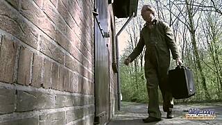 A hot blonde woman interacts with an older man in a suggestive setting and handles the outcome