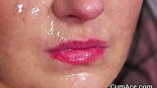 horny babe gets facial cumshot and swallows every last drop