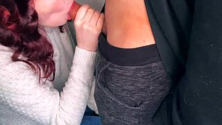 Amateur brunette gives deepthroat blowjob on balcony cumshot