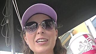 Helena Price flashes her pussy in public with daring upskirt moves!