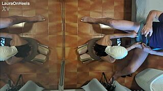 Milf In Pantyhose And High Heels Kneels For Blowjob With Cum Swallowing