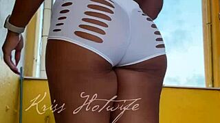 A wife in new short shorts is doing exercises with her friend