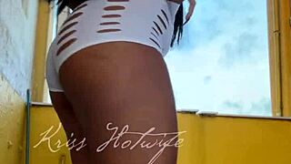 A wife in new short shorts is doing exercises with her friend