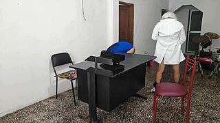 the doctor has sex with his secretary in the customer service office she rides him very sensually on the desk at work