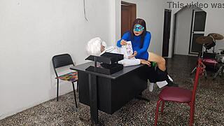 the doctor has sex with his secretary in the customer service office she rides him very sensually on the desk at work