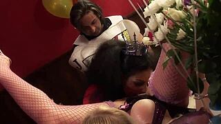 cosplay orgy gets wild with cum swapping and tongue play! 😈