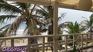 A sexy ebony lady was flashing at the beach house