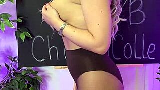 Blonde mature in coffee tights dances seductively at Nylon Club