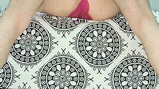 Milf feels sexy in red lingerie, showing natural tits