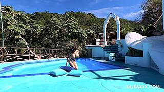 tattooed latina blows cock and masturbates by the pool