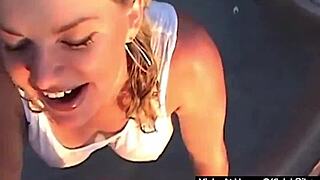 Mature blonde Vicky Vette fucks and sucks Rokks cock outside in lingerie