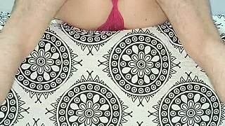 Milf feels sexy in red lingerie, showing natural tits