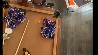Cheerleader pornstar licks and sucks big black cock at pool hall
