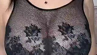Man fucks huge natural tits from above in stockings