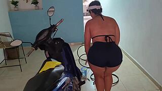 Step Sister With Huge Ass Helps Wash Bike In Shorts Leading To Delicious Fuck