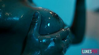 fitness model with big boobs gets oiled up and covered in cum during pov session