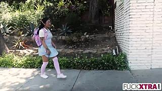 Little stepdaughter convinces stern landlord to FUCK her hard