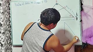 Teacher helps student calculate x in mathematical triangle.