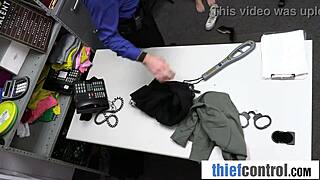 Security guard punishes curvy brunette thief with deep search and titty action.