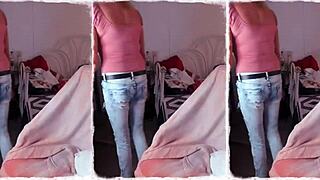 A 64-year-old granny tries on bikinis and outfits.