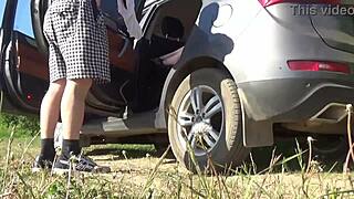 Passionate blonde milf slut with big natural tits gets fucked hard by fan in car during outdoor voyeur session with cum on belly.
