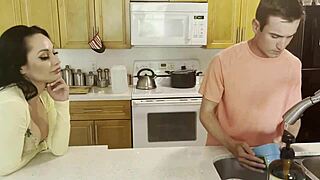 Step mom assists son in tidying up, leading to a blowjob