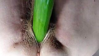 Oma Uses Dildo And Cucumber In Hairy