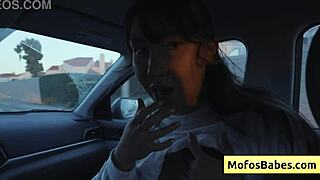 asian hottie plays with boobs in car