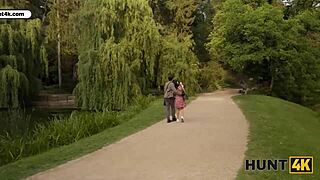 Hunter passionately fucks young beauty in park