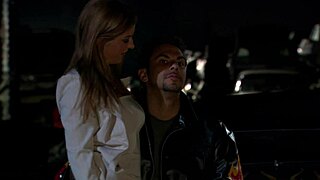 blonde in stockings and high heels outdoors