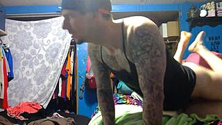 Hey, that tattooed blonde slut is getting bent over hard