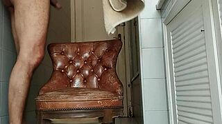 hey, check me out hauling this armchair into the bathroom to jerk my monster cock