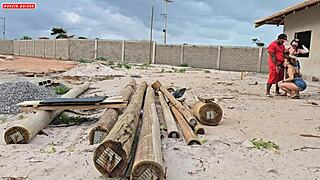 What a shock when carpenter gets paid with wild threesome from Brazilian bbw whores ripping clothes for anal fun!