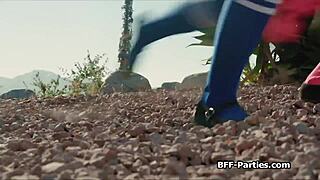 Dominant sexy rangers unleash wild orgasm sharing thick cock in intense cosplay group action