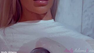 oh man, check out this busty blonde pornstar with huge tits soaking her wet tshirt in the shower