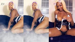 Hey, check out this ebony maid cleaning the house in a sexy thong