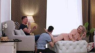 Hanna Rey experiences double penetration from two muscular guys in a passionate threesome. They take turns with anal and cowgirl positions leading to facial.