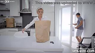 Blonde and redhead babes in stockings join a tattooed Latina maid for an unexpected threesome with big tits play.