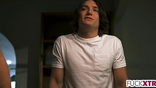 Shy petite blonde teen presents small gift to admirer