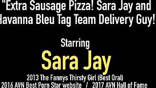Extra Sausage Pizza Sara Jay And Havanna Bleu Tag Team Delivery Guy In Threesome