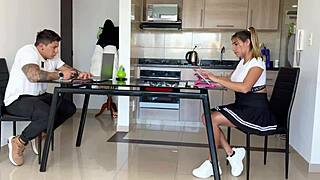 in the dorm kitchen this cuckold gamer watches his roommate fuck his girlfriend with creampie while he plays video games