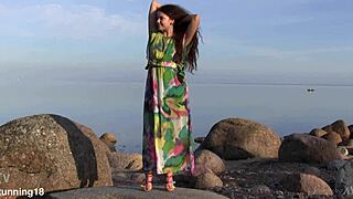 I feel so sensual touching my shaved pussy and natural tits during evening masturbation on the beach