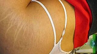 Trans woman sucks cock and gets fucked in kitchen with close ass view