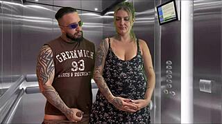 Neighbor gives deep blowjob in elevator with cum